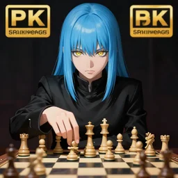 rimuru playing chess, with gold eyes, sky blue straight hair, bangs, black jacket, high collar, concept art, award winning photography, digital painting, cinematic, by wlop, anime key visual, wlop, 8 k, by ross tran, tom bagshaw, ilya kuvshinov, andy warhol