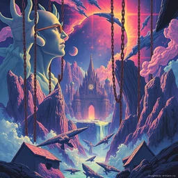 a psychedelic realm wrapped in chains holding it captive to reality ~ by petros afshar ~ ross tran ~ tom whalen ~ peter mohrbacher ~ artgerm