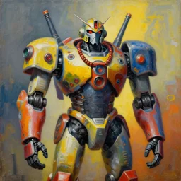 portrait of a colourful tribal mecha robot, painting by zdzislaw beksinski,