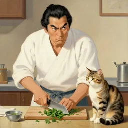angry handsome japanese butcher slices up parsley with a tabby cat sitting next to him, vintage, painting by utamaro