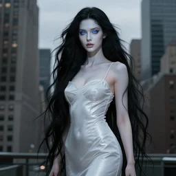 long shot, full body portrait, of a beautiful goddess, magical, pale skin, blue eyes, long black hair, in the middle of New York