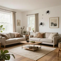 a beautiful livingroom with spiders everywhere