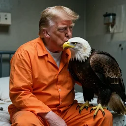closeup portrait of of angry donald trump wearing orange prison pajamas sitting on a bed kissing a bald eagle in a filthy prison, cinematic masterpiece, octane, dramatic lighting, editorial photo, 35mm, very detailed