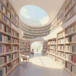 peaceful library of the future, concept art, pastel painting