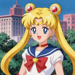 anime fine details portrait of joyful school girl Sailor Moon stay in front of big post soviet city buildings, nature, deep bokeh, close-up, anime masterpiece by Studio Ghibli. 8k, sharp high quality classic anime from 1990 in style of Hayao Miyazaki vivid synthwave