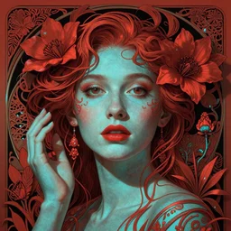 lovi poe as darna, volumetric lights, red and cyan theme, art nouveau botanicals, intricate, highly detailed, digital painting, artstation, concept art, smooth, sharp focus, cinematic, illustration, beautiful face, art by artgerm and greg rutkowski and alphonse mucha