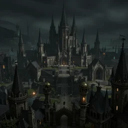 panoramic view of a medieval fantasy city, dark, gloom, digital art, highly detailed, videogame background,