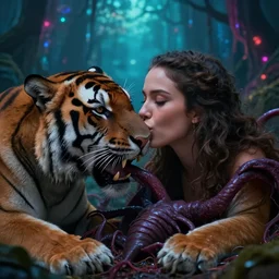 tigers eating a succubus in an ancient bioluminescent forest, ana de armas, flawless symmetrical pretty cute face kissing ecstacy, greg rutkowski, 8 k, shallow depth of field, intricate detail, concept art,