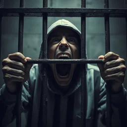 a screaming prisoner holding prison bars, realism