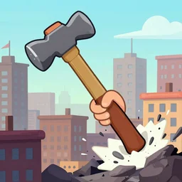 Big hammer smashes metropolis, cartoon, 2D