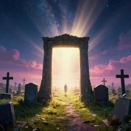 photograph of a portal portal to bright heaven in a graveyard graveyard, crosses, cinematic, tyndall effect, sunlight, god rays, global illumination, hypermaximalist, detailed, landscape 4k, 8k, breathtaking stars, surrealism, distant, concept art, digital art, sharp focus, mystic hues, acid pixie, RTX, octane render, Trending on DeviantArt, by lee madgwick