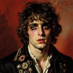 a beautiful but sinister young man in layers of fear, with haunted eyes and curly hair, 1 9 7 0 s, seventies, delicate embellishments, a little blood, crimson, painterly, offset printing technique, by alexandre cabanel