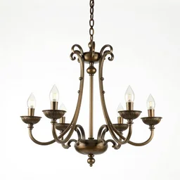 bronze chandelier, studio product photography, isolated on a pure white background, centered, entire object in frame, sharp focus, soft studio lighting