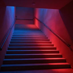 a staircase with red and blue lighting on it
