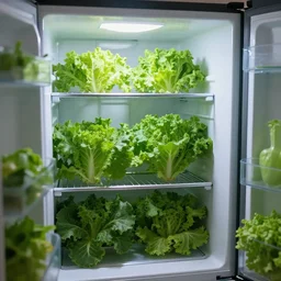 an opened fridge filled with overgrown vegetable plants, photorealistic image, cinematic phtograph