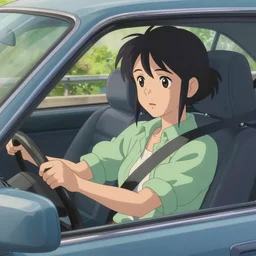 a ultradetailed beautiful painting of a stylish woman driving a car, by makoto shinkai, trending on artstation