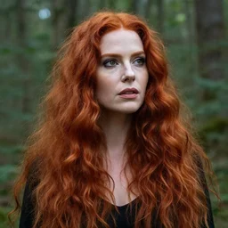 a beautiful medium - shot stil of a sexy redhair witch looking info the distance, long curvy hair, beautiful eyes and face, natural soft light failing on her face, by annie leibowitz + primordial magic forrest