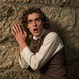 4K photograph of a panicked dishevelled slender young man with long hair in 1930s apparel backed against a stone wall trying to protect himself. Dramatic lighting