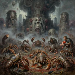 fine art oil painting varied muck jeweled, filthy rugated armored crustaceans clawing & terrified as massive tiered, rolling, brutalist, structures, claustrophobic cilia sporing pox, evil fog, final battle removal, battle panorama 3 6 0 clustered horror, by virgil finlay, vincente b ballestar, by francesco blanc, geof