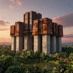 an extremely detailed building, brutalist architecture, gargantuan in size, surrounded by lush green forest and murky ponds of water, stunning volumetric lighting, sunset, rusted steel, smooth concrete, stunning skies, trending on Artstation, 8k, photorealistic, hyper detailed, unreal engine 5, IMAX quality, cinematic, epic lighting, in the style of the game DOOM, by Greg Rutkowski