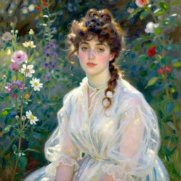 vintage beautiful painting of a beautiful woman in a flower garden in mary cassatt style