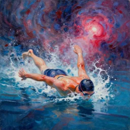 an expressive oil painting of a swimming athlete swimming, depicted as an explosion of a nebula