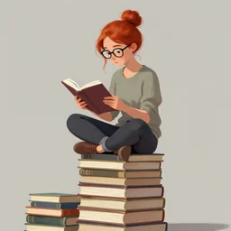 a young woman with red hair in a bun and glasses sits cross legged on top of a tall pile of books. she is reading. clean pretty cartoon painting, beautiful detailed face. by artgerm and greg rutkowski