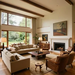 A vast beautiful fully stocked living room area in a mansion designed and decorated by Frank Lloyd Wright, sofa, chairs, fireplace, tables,