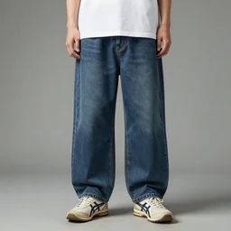a model wearing the largest pants possible with a tiny t - shirt and dirty asics sneakers
