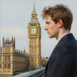 detailed photorealistic painting of a brown haired ( clothed ) man with a model big ben where his gentles should be