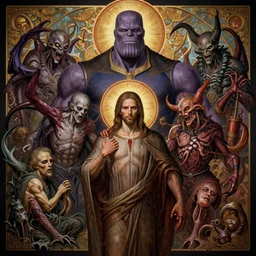 the platonic ideal of catholic icon of cletus kasady ultimate carnage thanos dementor doctor manhattan chtulu nazgul, detailed, intricate, hyperrealism, intense, scary, decay, dmt, art by brock hofer and artgerm and greg rutkowski and alphonse mucha