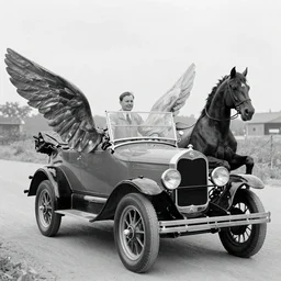 an oldie car with wings and horse black-white retro photo 1910, man in front