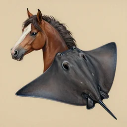 A detailed painting of a creature with the head of a horse and the body of a stingray