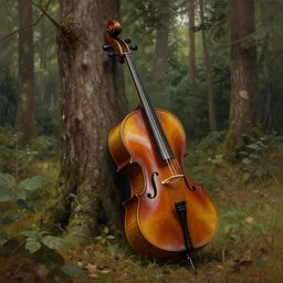 forest scene with one cello leaning on a tree, intricate, beautiful, highly detailed, elegant, artstation, concept art, smooth and sharp focus, illustration, painting by ivan shishkin albert bierstadt isaak ilyich levitan
