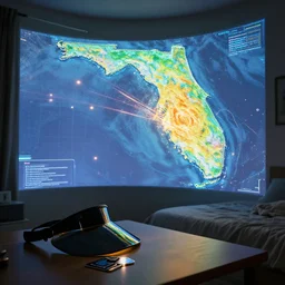 curved translucent windows projecting florida holographic weathermap, pixel perfect photograph, high contrast, volumetric lighting, thin glowing lights, bedroom, visor, users, pair of keycards on table