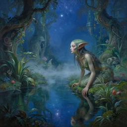 futuristic alien fantasy garden at night, beautiful alien woman looking at the reflection of the stars in the pond, beautiful face, natural pose,, ethereal otherwordly light, mist, futuristic fantasy world, coherent composition, rule of thirds, detailed alien human fantasy painting, artgerm, wlop, yuumei, noriyoshi ohrai, ( ( rolf armstrong ) )