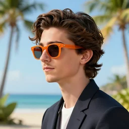 Timothee Chalamet, portait photo, profile picture, hyperrealistic, concept art, orange sunglasses, tropical background, sunny, octane render, unreal engine 5, digital art, high quality, highly detailed, 8K, cute, defined face, elegant clothes, trending on DeviantArt