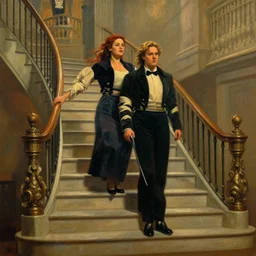 grand staircase in the film titanic by james cameron, very detailed oil painting