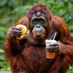 an orangutan holding a burger in one hand and a drink in the other