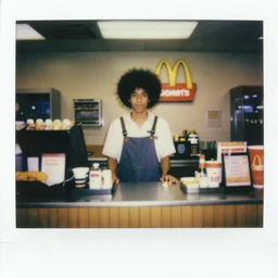 the rock with an afro working the front counter of mcdonald's ready to take your order, eighties polaroid, flash photography, photorealistic, kodachrome