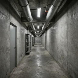 long, dim concrete maintenance hallways with steam pipes lining the walls and ceilings. Doors are rarely found, housing metal shelves, and ventilation ducts. 4k, HD, photorealistic