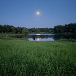 green grassy field, standing near a lake, reflection, moon