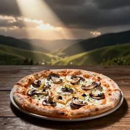 delicious pizza on the table, mushrooms, fresh cream, worm dynamic lighting, product photo.