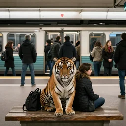 A tiger waiting for the metro in a crowded station in Paris