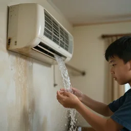 water flowing from the dirty air - conditioning machine in the bedroom of a young teenager the wet walls crumbling, blurred, faded, depth of field, ultra realistic, very detailed, by gerhard richter, nadav kander, 8 k hyper realistic detailed cinematic still