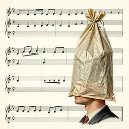 musical score, vintage collage, trash bag on head, artwork by ernst ludwig kirchner