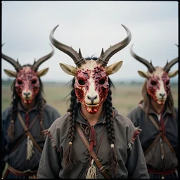 tribes members with taxidermic flesh bloody mask, cinestill 800t 35mm, heavy grain, high quality,