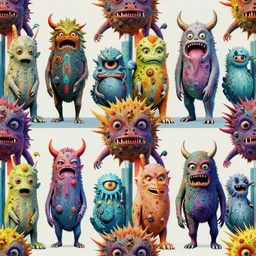 a seamless pattern of surreal elaborate and detailed surreal monsters by andy warhol, right angles, perfectly symmetric, octane render in maya and houdini, vray, ultra high detail ultra surreal, unreal engine