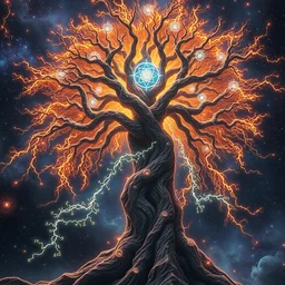 galactic yggdrasil as enormous electrical sentient deity of the stars resides inside void manifold, tree branches as quantum foam, fractal of scary dirac equations, portrait by ross tran, timeline nexus, ascending universes, a dnd illustration of esoteric concept by cgsociety and james gurney, artstation, hdr, rtx, iridescent