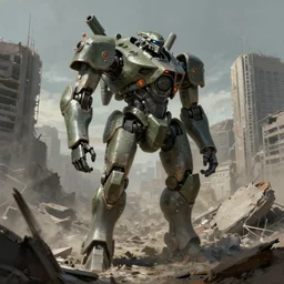 A bipedal mech standing among the rubble of a destroyed city by Simon Stålenhag, artstation, mecha, military, science fiction, digital painting, 4k